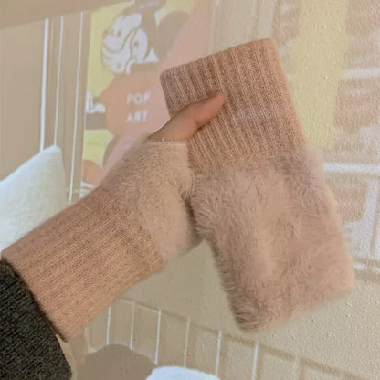 Soft Winter Half Finger Gloves Women Warm Luxury Solid White Plush Knitted Fingerless Gloves Wrist Mittens Writting