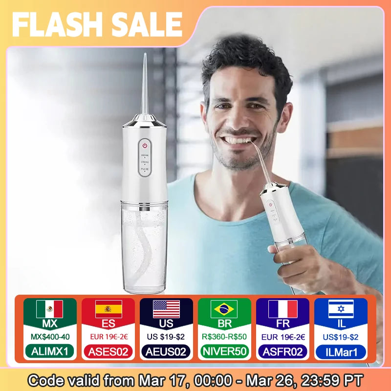 Man using a dental water flosser with a 'Flash Sale' banner and pricing information displayed.