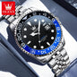 Silver watch with black and blue bezel on a white surface, featuring the OLEVS brand.