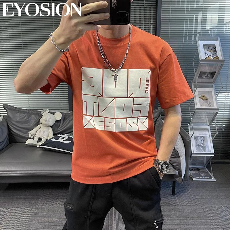 2023 Herren Sommer T-Shirt Sport Fitness Shirt Buchstaben bedruckt Rundhals Locker Koreanisch Halbarm Herren Freizeit Vielseitiges T-Shirt Top