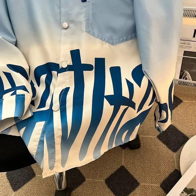 Herrenhemd Blau Farbverlauf Plissiert Langarmhemden Locker Koreanisches Hemd Mode Freizeit Oberteil Damenhemd Hochwertige Kleidung