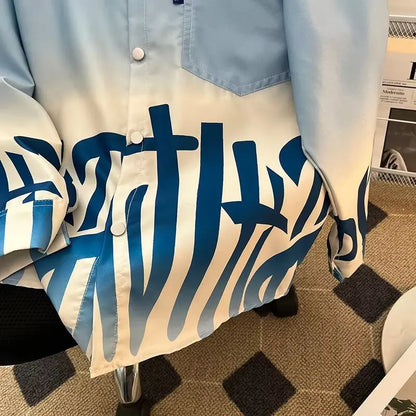 Herrenhemd Blau Farbverlauf Plissiert Langarmhemden Locker Koreanisches Hemd Mode Freizeit Oberteil Damenhemd Hochwertige Kleidung