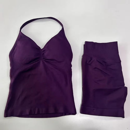 2Pcs Impacts Gym Set Tank Tops High Waist Scrunch Seamless Shorts Gym Suit Fitness Clothes Activewear Workout