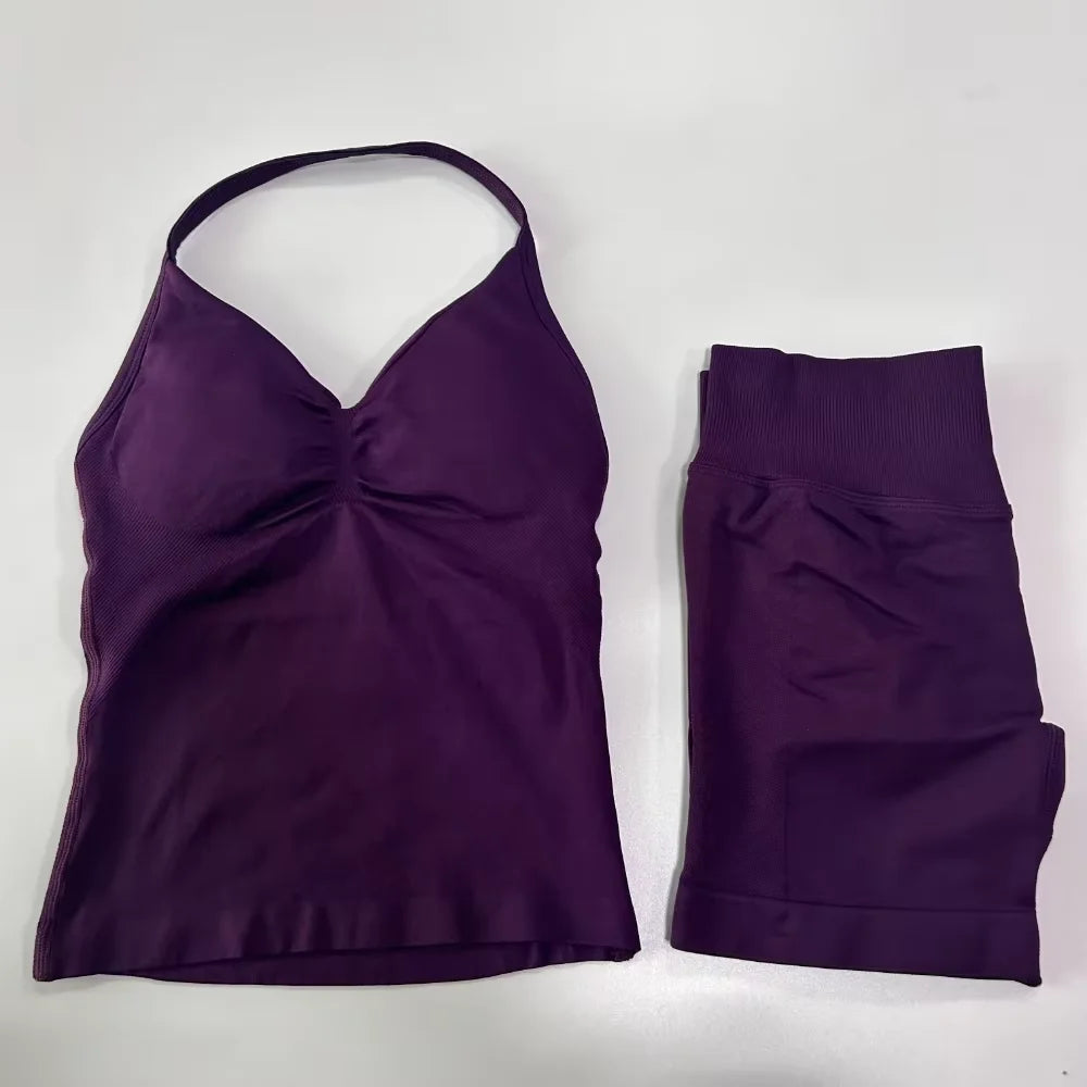 2Pcs Impacts Gym Set Tank Tops High Waist Scrunch Seamless Shorts Gym Suit Fitness Clothes Activewear Workout