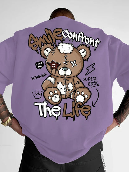 Summer's new fashionable men's Teddy bear letter printed comfortable and breathable neck T-shirt with outdoor high street top