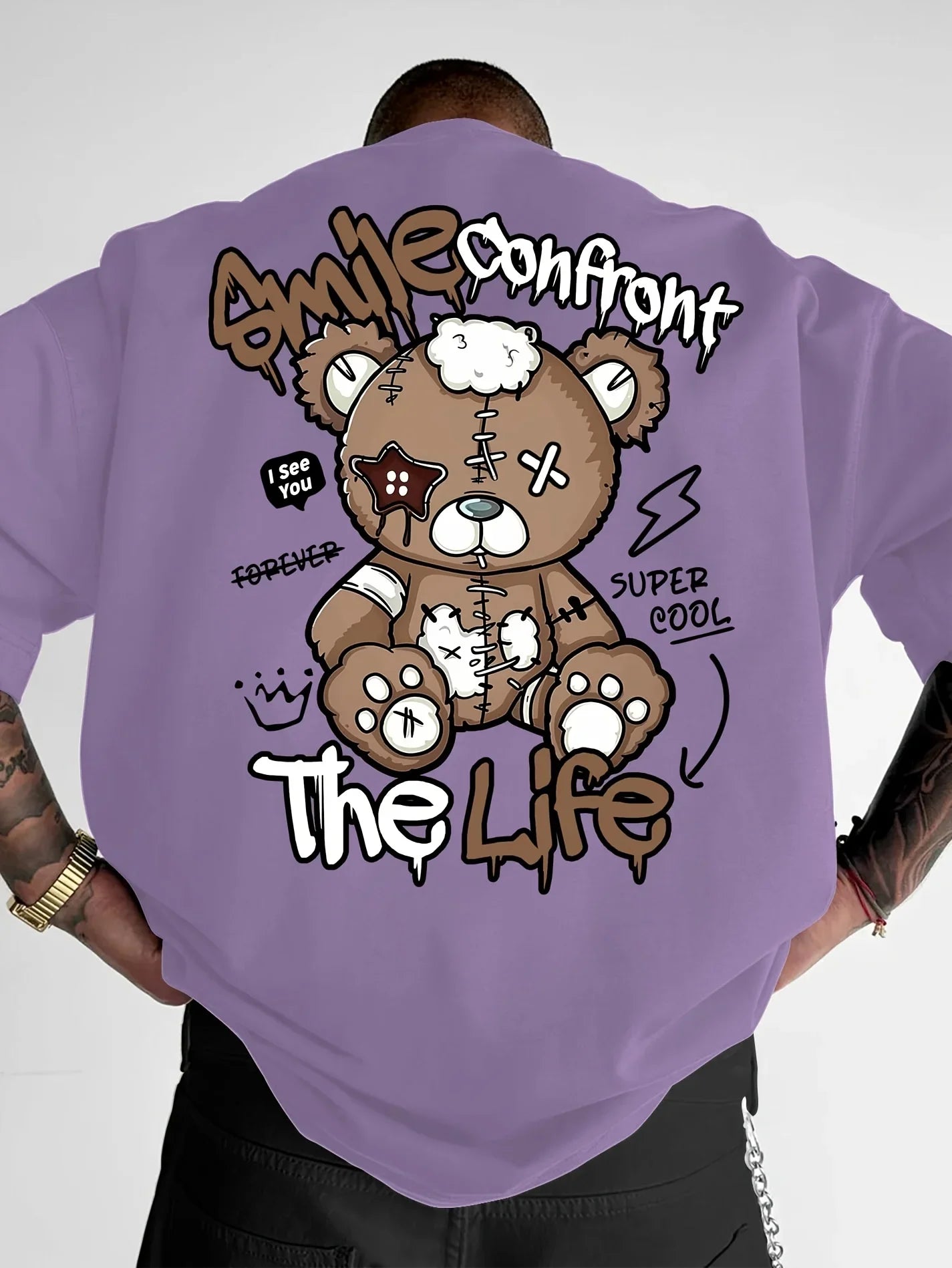 Summer's new fashionable men's Teddy bear letter printed comfortable and breathable neck T-shirt with outdoor high street top