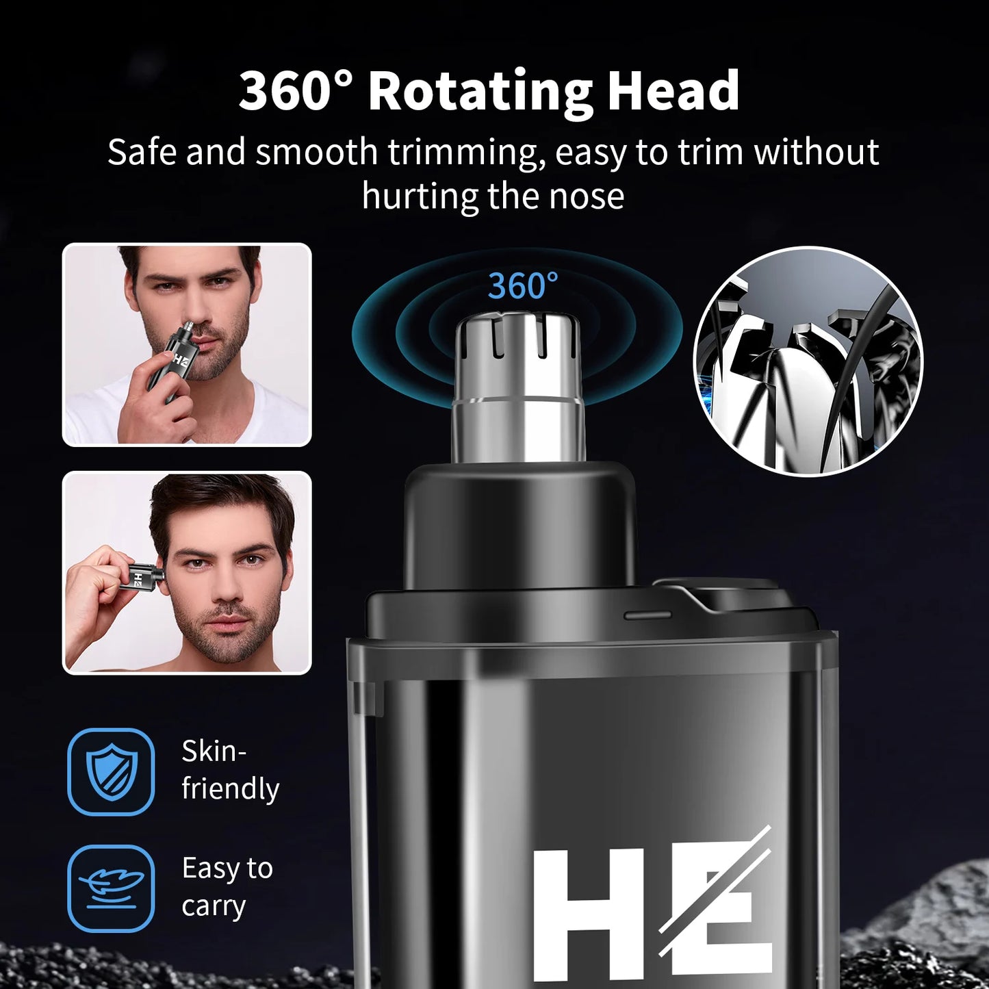 Black grooming tool with 360-degree rotating head, featuring text and images of a man using it.