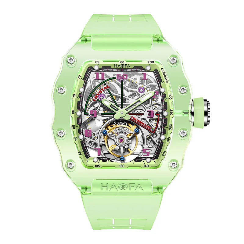 Haofa Tourbillon Crystal Transparent Hollowing Waterproof Luminous Automatic Mechanical Watches