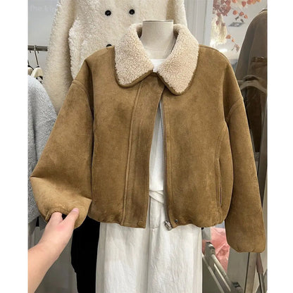 Double-Sided Wear Suede Lamb Fur Collar ort Jaet Women's Winter Warm Inteated Leather Fur Zipper Closure Casual Coat
