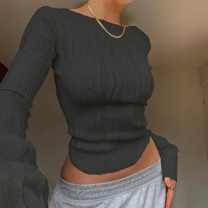 Woman Fashion Casual Ruched Long Sleeve T-shirt Blouses Female White Skinny Cropped Bottoming Shirt 2024 Autumn Y2K Top Clothes