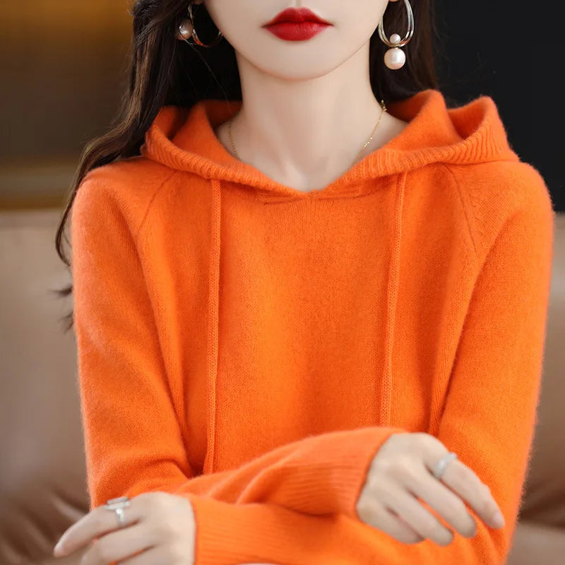 Cashmere Hooded Sweater Women Autumn Winter Long Sleeve Solid Color Knitted Hoodies Lady Loose Drawstring Casual Pullover Hoodie