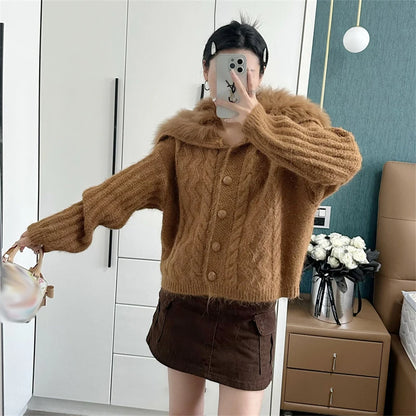 Women's Knit Cardigan With Faux Fur Collar Fashion Long Sleeve Single Breasted Sweater Coat Lady 2026 Spring Chic Streetwear