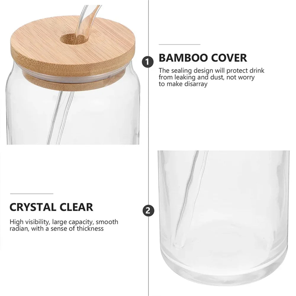 Glass jar with bamboo lid and straw, featuring text on sealing design and clarity.