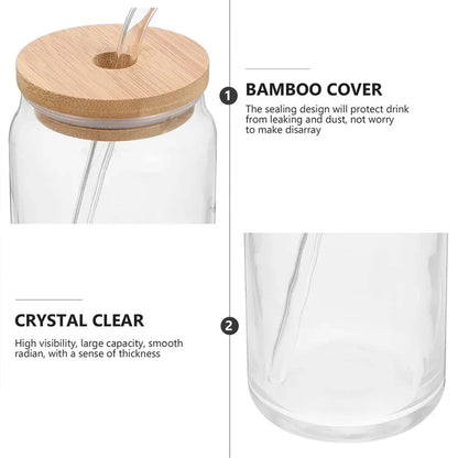 Glass jar with bamboo lid and straw, featuring text on sealing design and clarity.