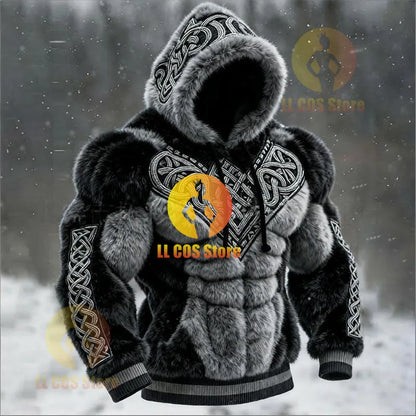 Men's Casual Sports Hoodie Fleece Lined Chest Muscle Print Long Sleeve Loose Fit Polyester Fiber Digital Print Hooded Sweatshirt