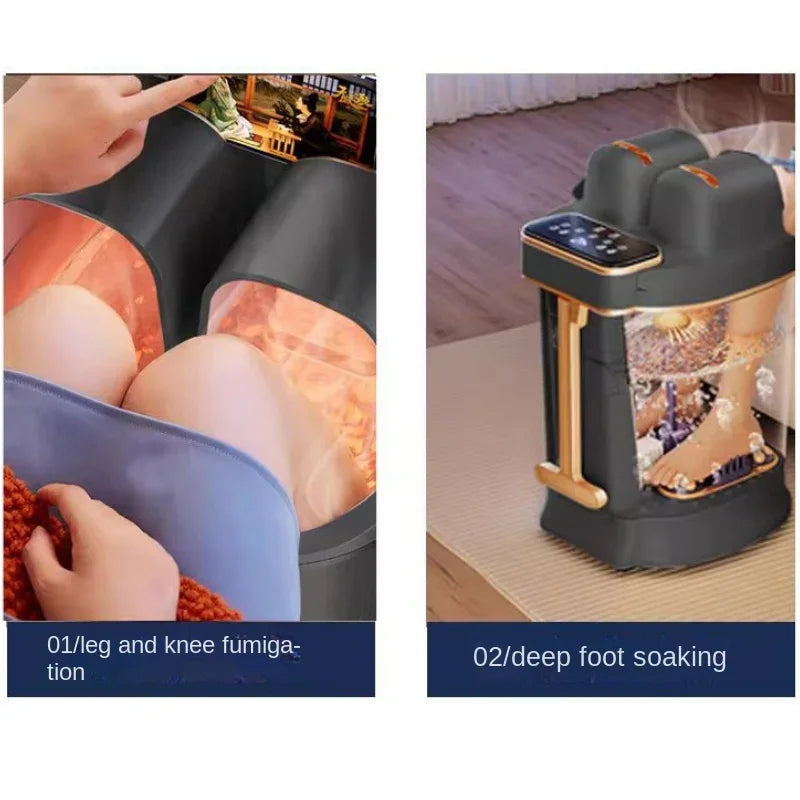 Two images showing a foot spa device with leg and knee fumigation and deep foot soaking features.