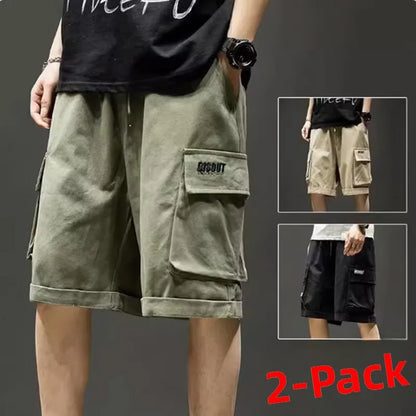 Person wearing olive green cargo shorts with inset images of other shorts and '2-Pack' text.