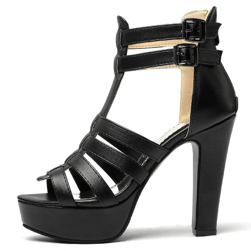 Black high-heeled sandal with multiple straps on a white background