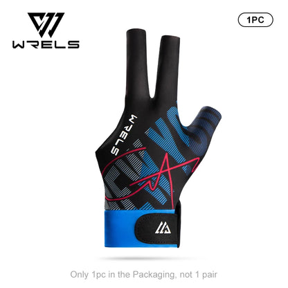 Black and blue glove with WRELS branding on a white background