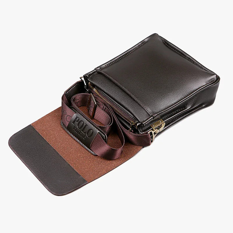 Brown leather crossbody bag with visible 'Polo' branding on a white background