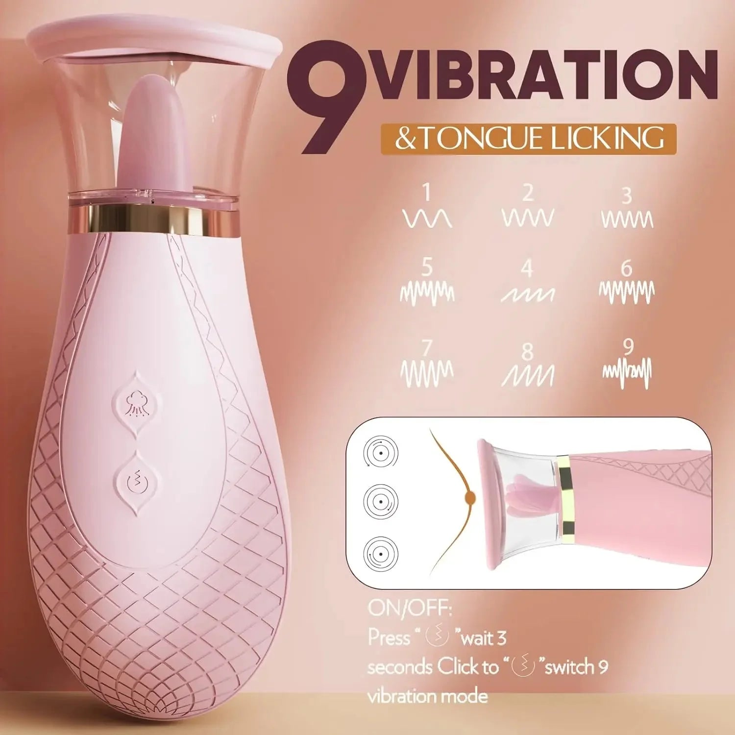 Pink and white electronic device with vibration and tongue licking features on a beige background