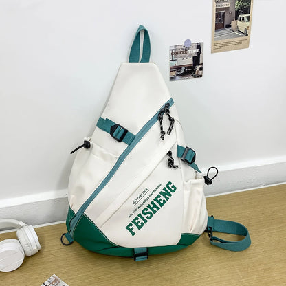 White and green sling bag with 'FEISHENG' branding on a wooden surface.