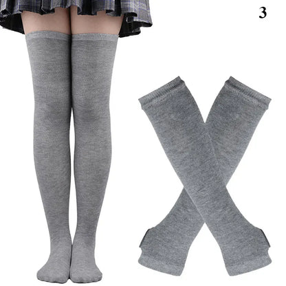 1 Set Damen Mädchen Overknee Lange Gestreifte Bedruckte Oberschenkelhohe Baumwollsocken Armstulpen Handschuhe Süße Niedliche Plus Size Overknee-Socken