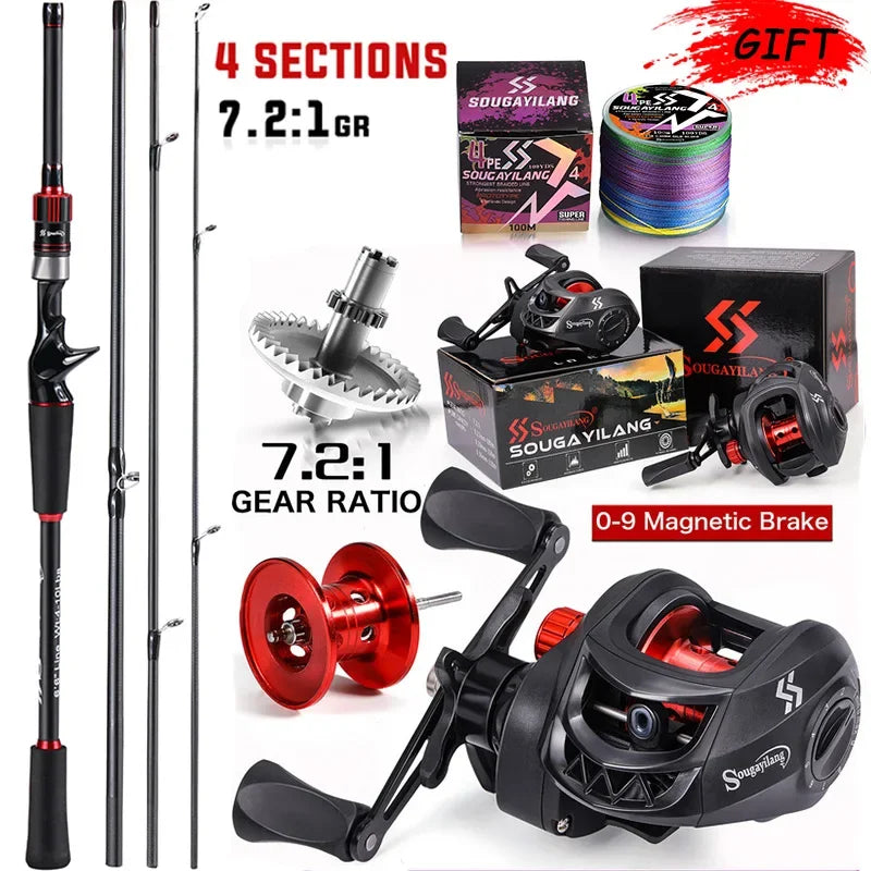 Sougayilang Angelrute Rollen Combo 1,8~2,1m Kohlefaser Casting Rute und 7,2:1 Übersetzung Baitcasting Rolle Max. Bremskraft 10kg für Barsch