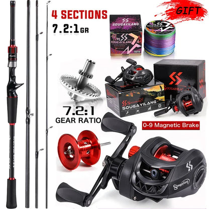 Sougayilang Angelrute Rollen Combo 1,8~2,1m Kohlefaser Casting Rute und 7,2:1 Übersetzung Baitcasting Rolle Max. Bremskraft 10kg für Barsch