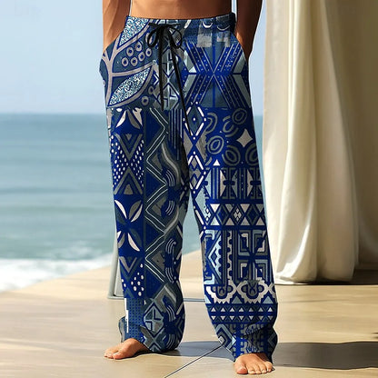 2025 Fall Men's Geometric Ethnic Pants Trousers Mid Waist Drawstring Elastic Waist Casual Outdoor Wide-leg Trousers For Mens
