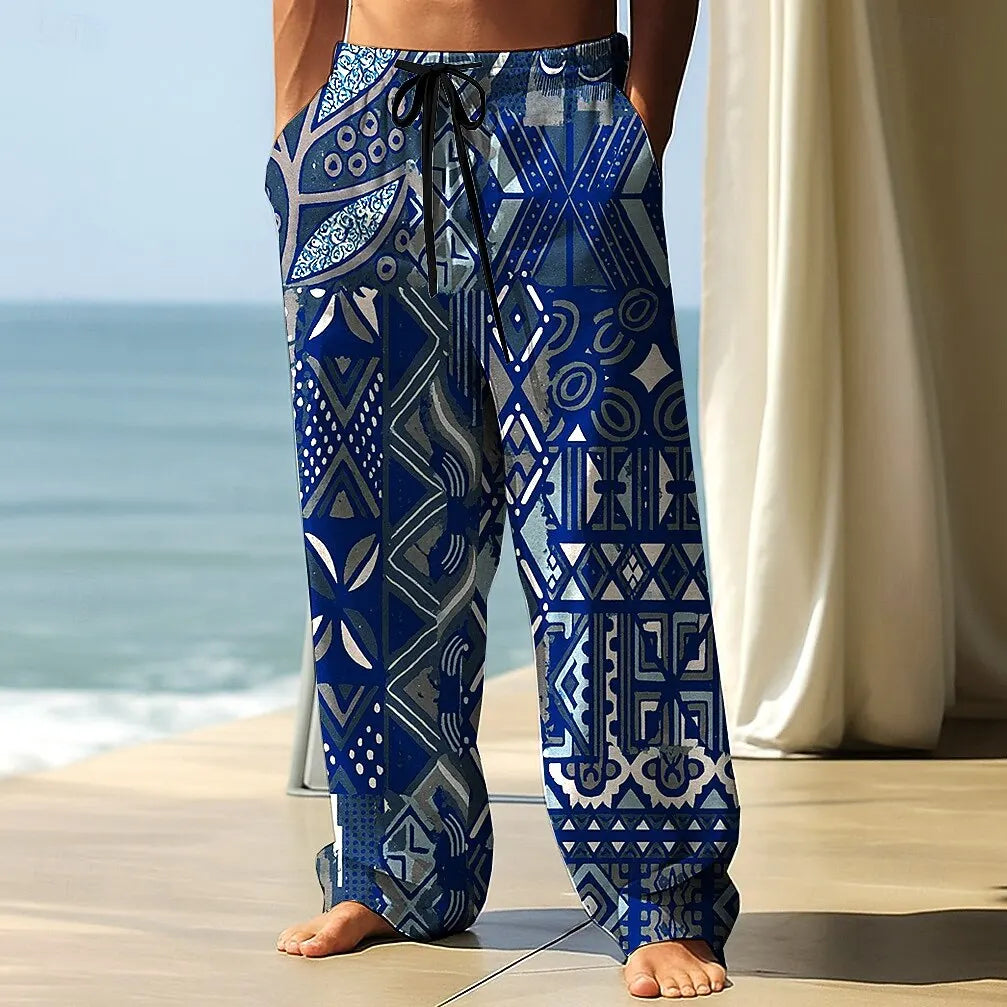 2025 Fall Men's Geometric Ethnic Pants Trousers Mid Waist Drawstring Elastic Waist Casual Outdoor Wide-leg Trousers For Mens