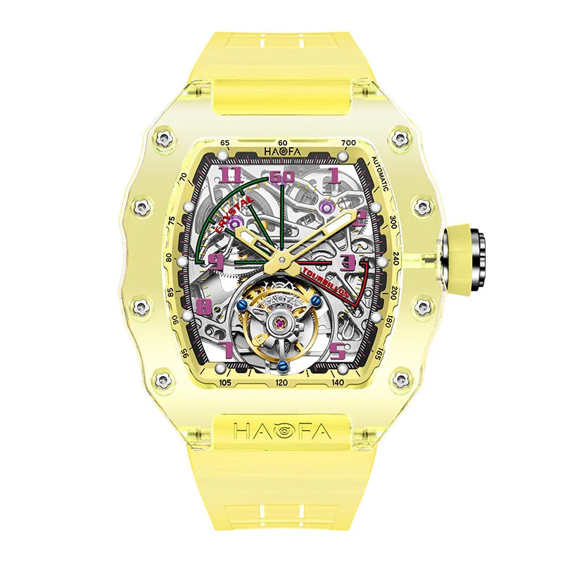 Haofa Tourbillon Crystal Transparent Hollowing Waterproof Luminous Automatic Mechanical Watches