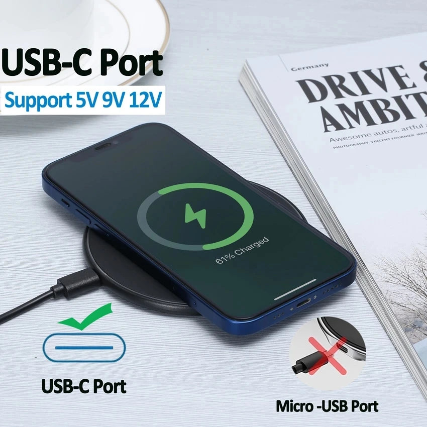 Phone with USB-C port charging on a surface with text and icons indicating compatibility.
