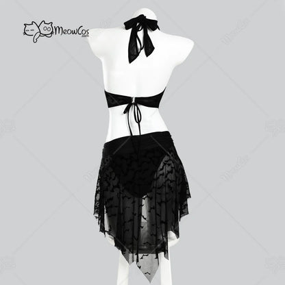Gothic Black Bat One Piece Swimsuit – Sheer Bodysuit with Bikini Top