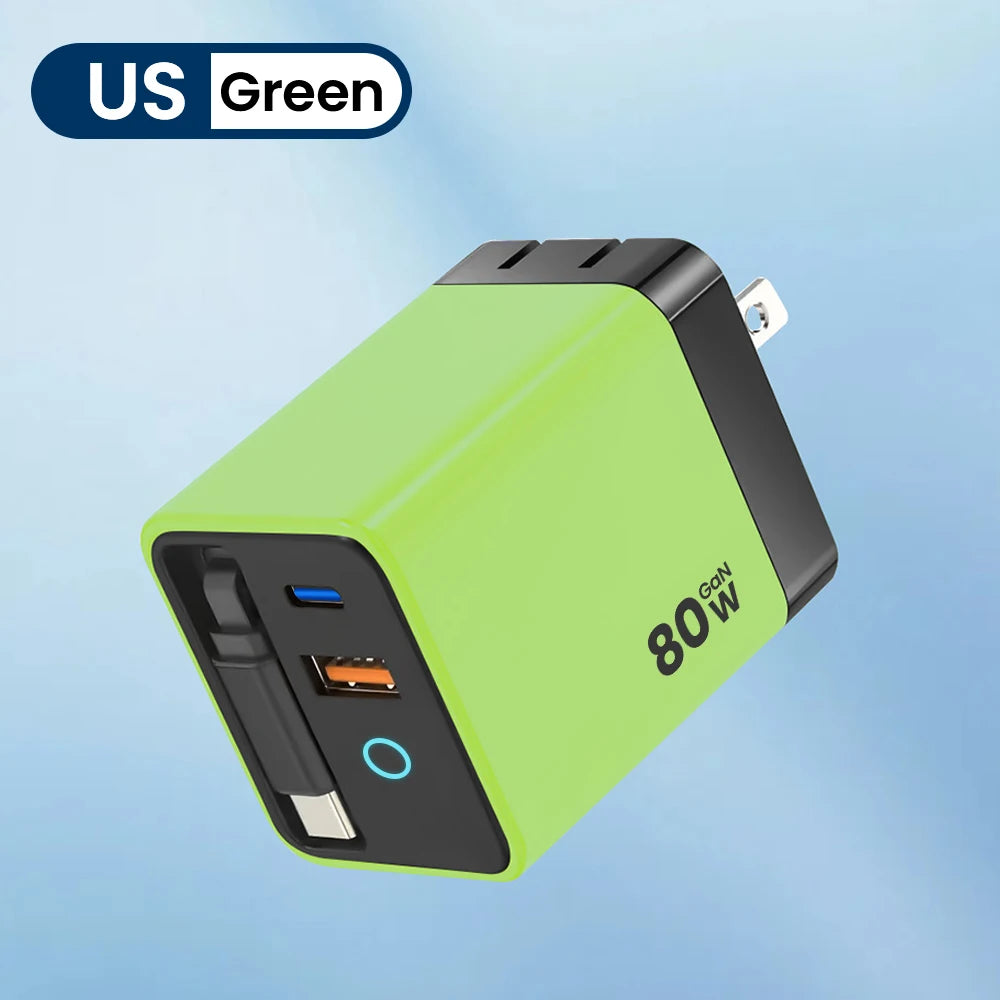 80W Super Fast Charge Type C USB Phone Charger With Telescopic USB C Cable For Iphone 16 15 Samsung Laptop With Light