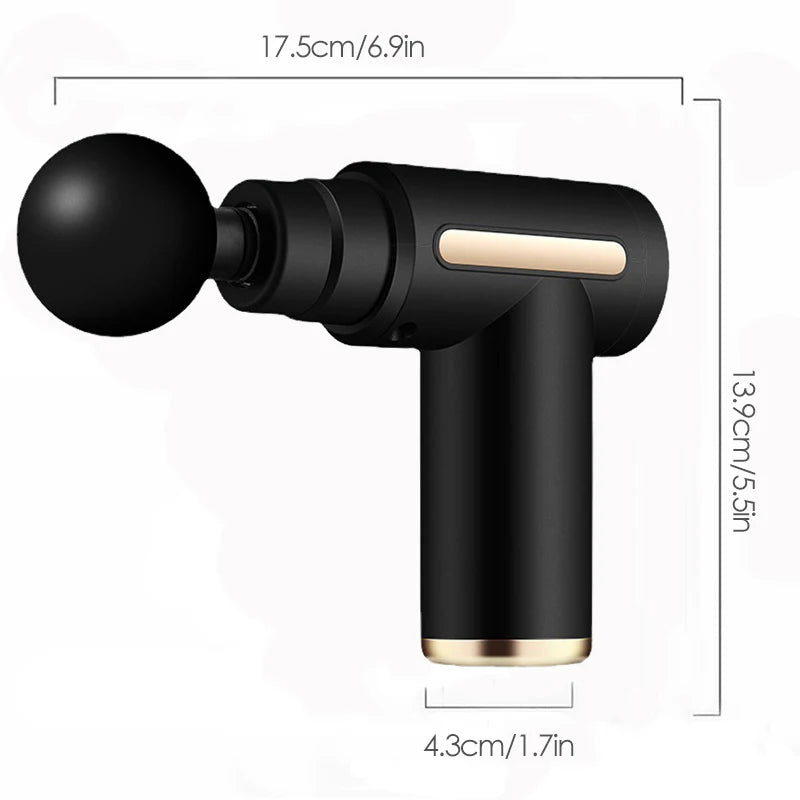 Black handheld massage gun with measurements on a white background