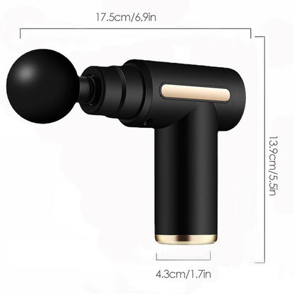 Black handheld massage gun with measurements on a white background