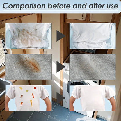 Before and after cleaning comparison of a white shirt with stains.