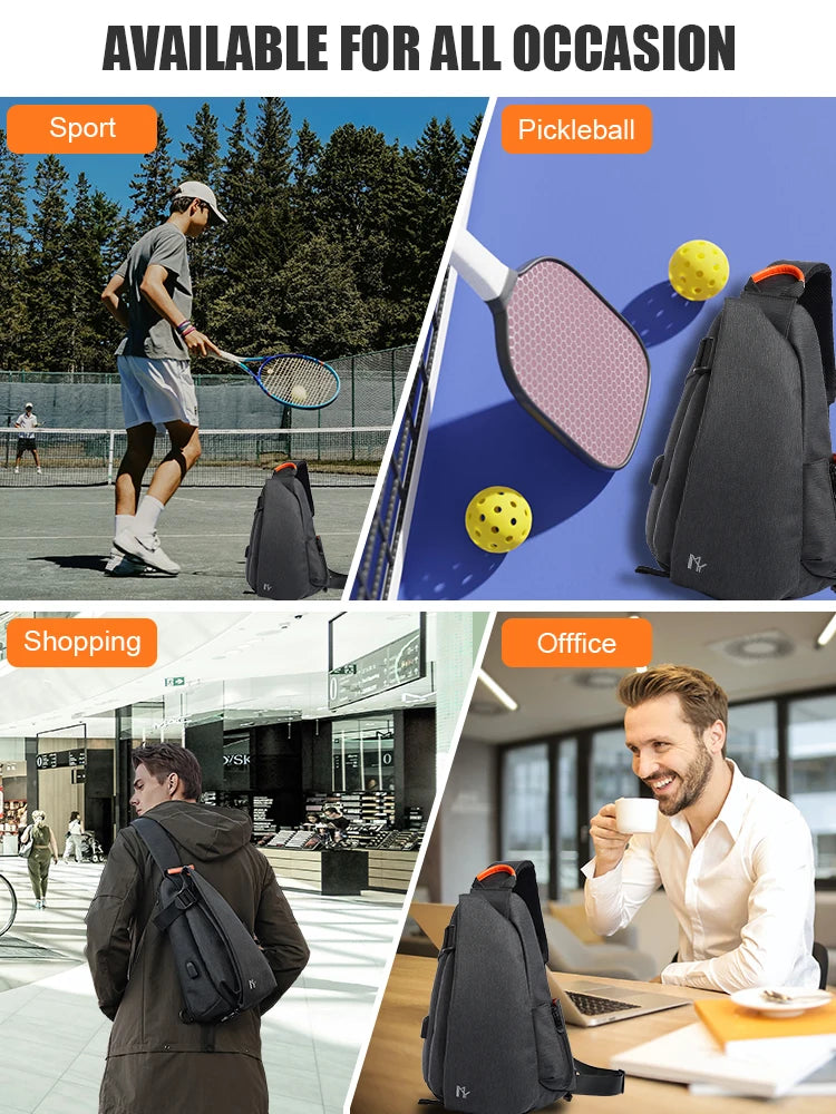 Backpacks used for sports, pickleball, shopping, and office settings with text 'Available for all occasion'.
