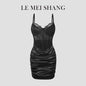 Hot Girls Slim Spaghetti Strap Mini Dresses Women Sexy See Through Flower Lace Fold Package Hip Bodycon Short Dress Club Vestido