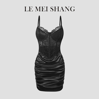 Hot Girls Slim Spaghetti Strap Mini Dresses Women Sexy See Through Flower Lace Fold Package Hip Bodycon Short Dress Club Vestido