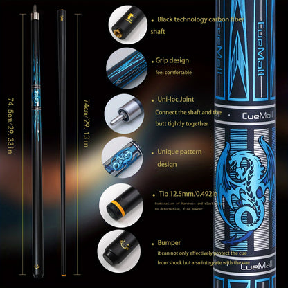 58" Carbon Fiber & Maple Pool Cue - Metallic Blue Dragon, 12.5mm Multi-Layer Tip | Pro Billiards Gear for Parent's Day Gifts
