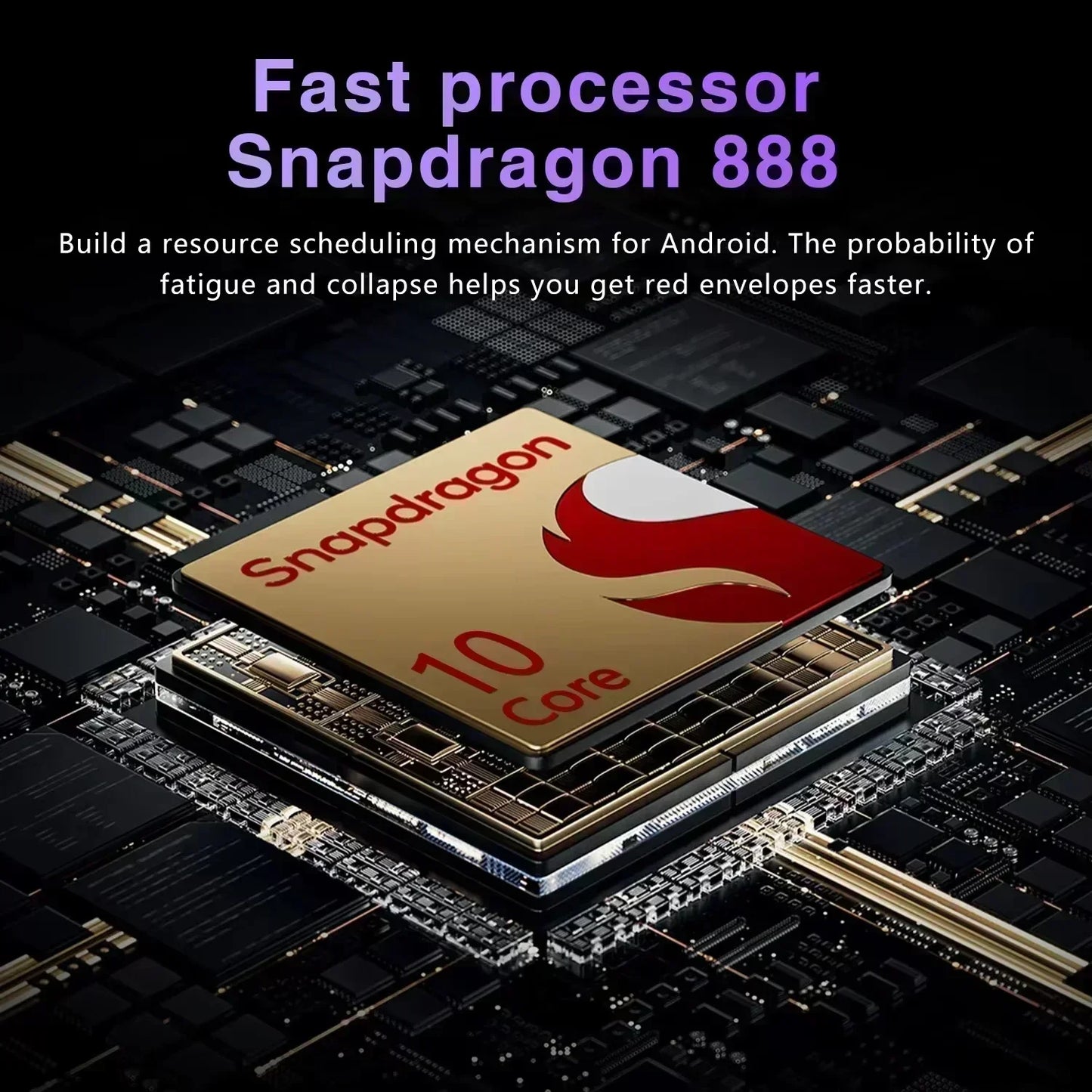Snapdragon 888 processor on a circuit board with text about its capabilities.