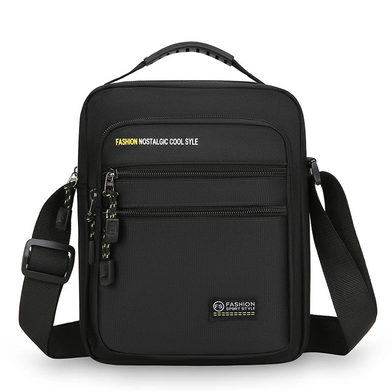 Black shoulder bag with text on a white background