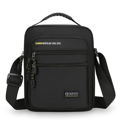 Black shoulder bag with text on a white background