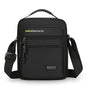Black shoulder bag with text on a white background
