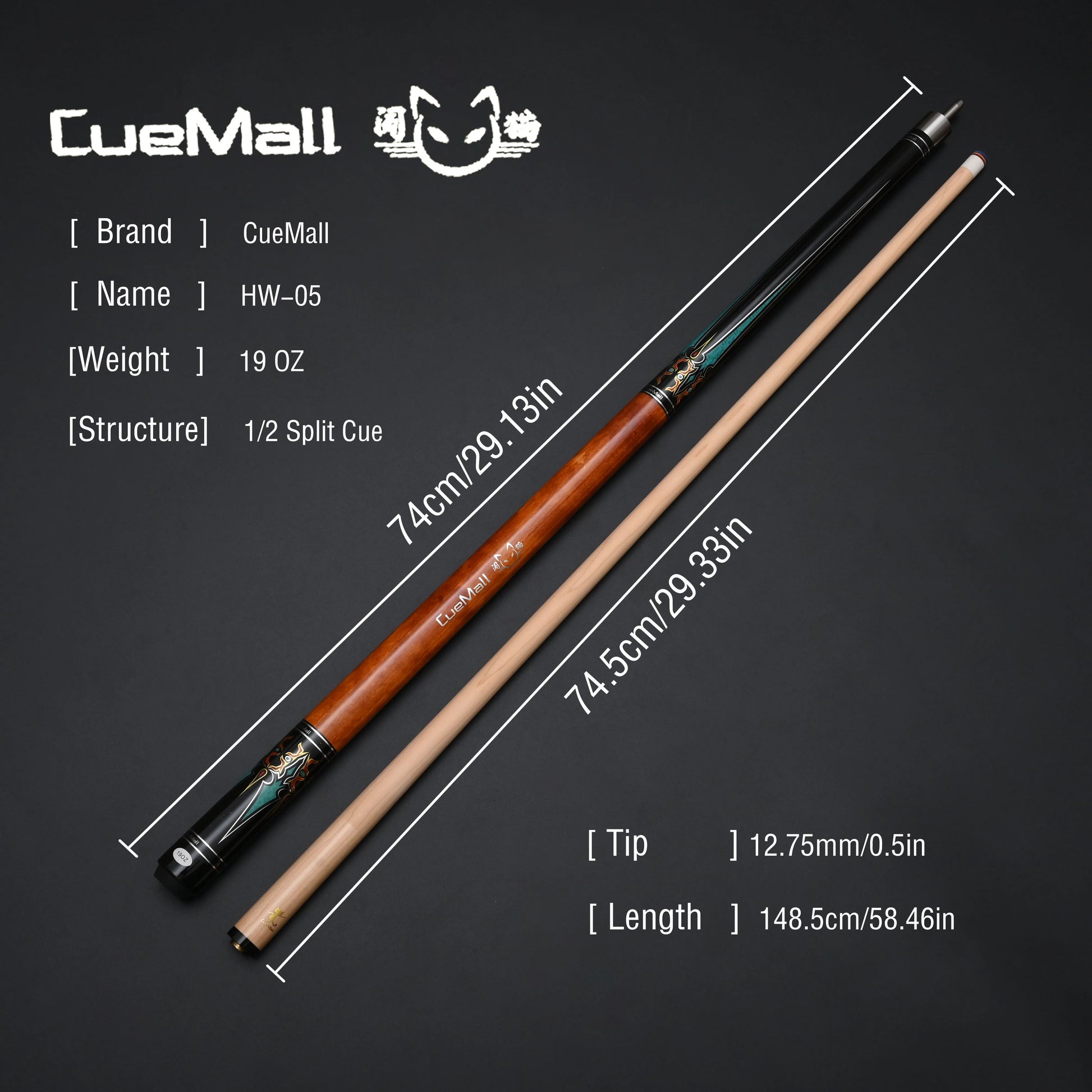 Two pool cues with measurements on a dark background, featuring the CueMail brand.