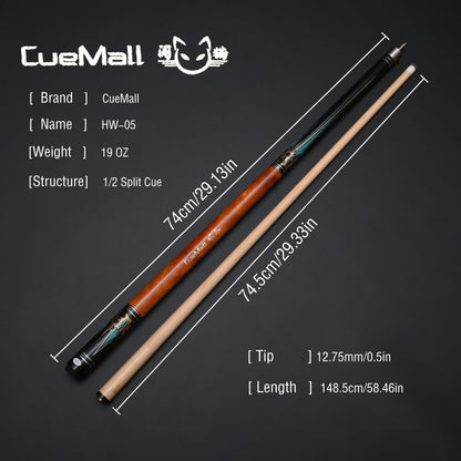 Two pool cues with measurements on a dark background, featuring the CueMail brand.