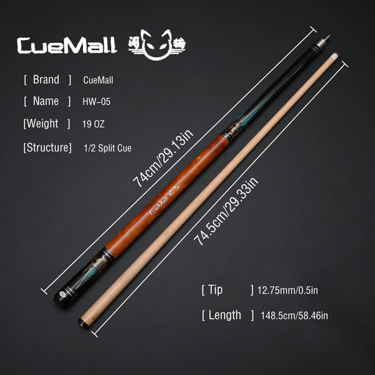 Two pool cues with measurements on a dark background, featuring the CueMail brand.