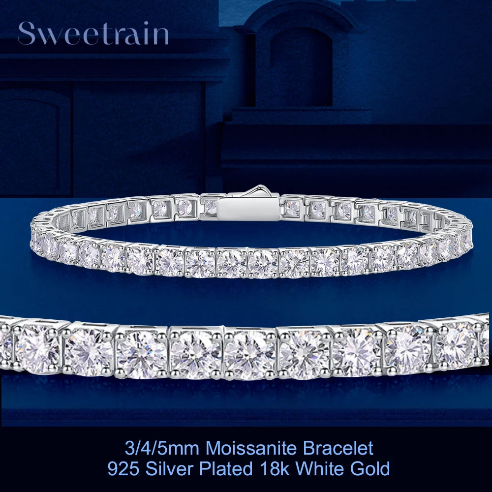 Silver-plated 18k white gold bracelet with moissanite stones on a blue background, featuring the brand 'Sweettrain'.